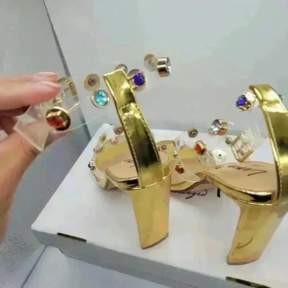 NEW IN BOX Lemon Drop by Privilege Strappy Gold Sandals 6.5 High Heel W/Stones - Picture 13 of 16